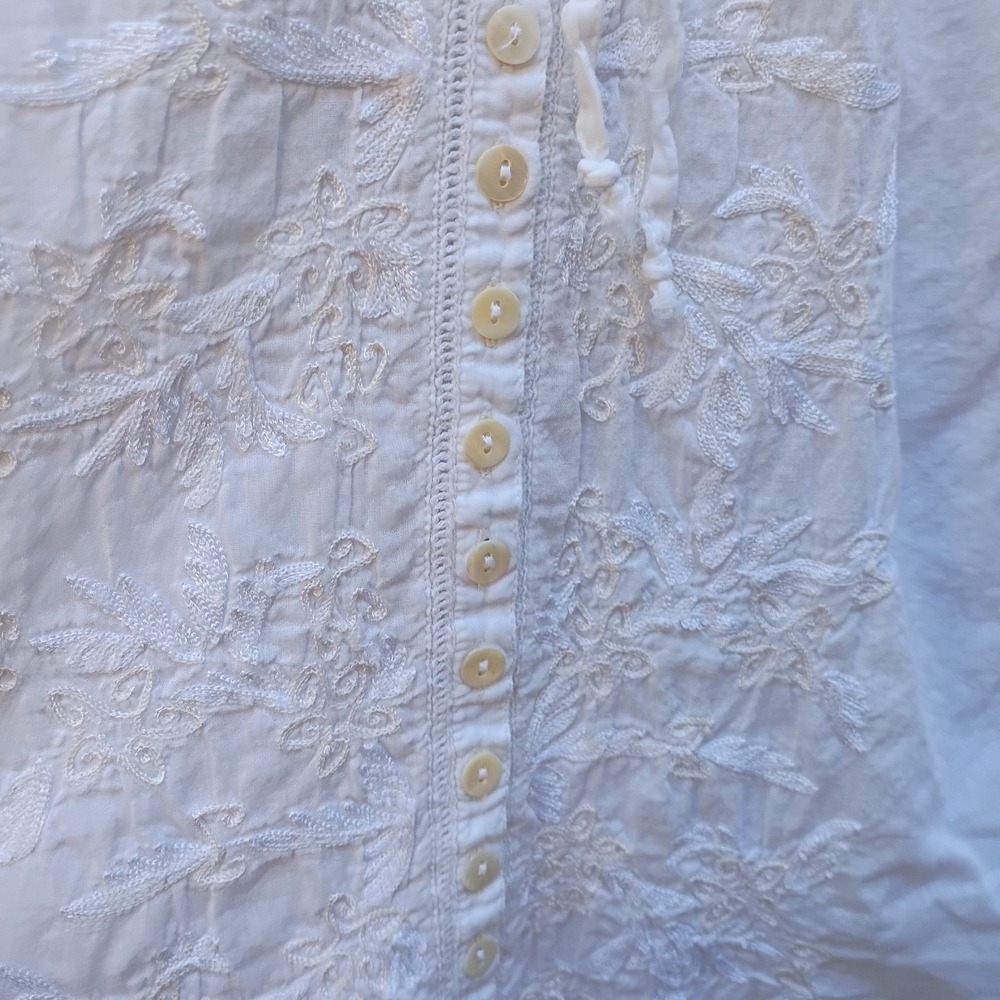 Sundance White Embroidered Peasant Blouse Cotton Tie Neck Top Size S